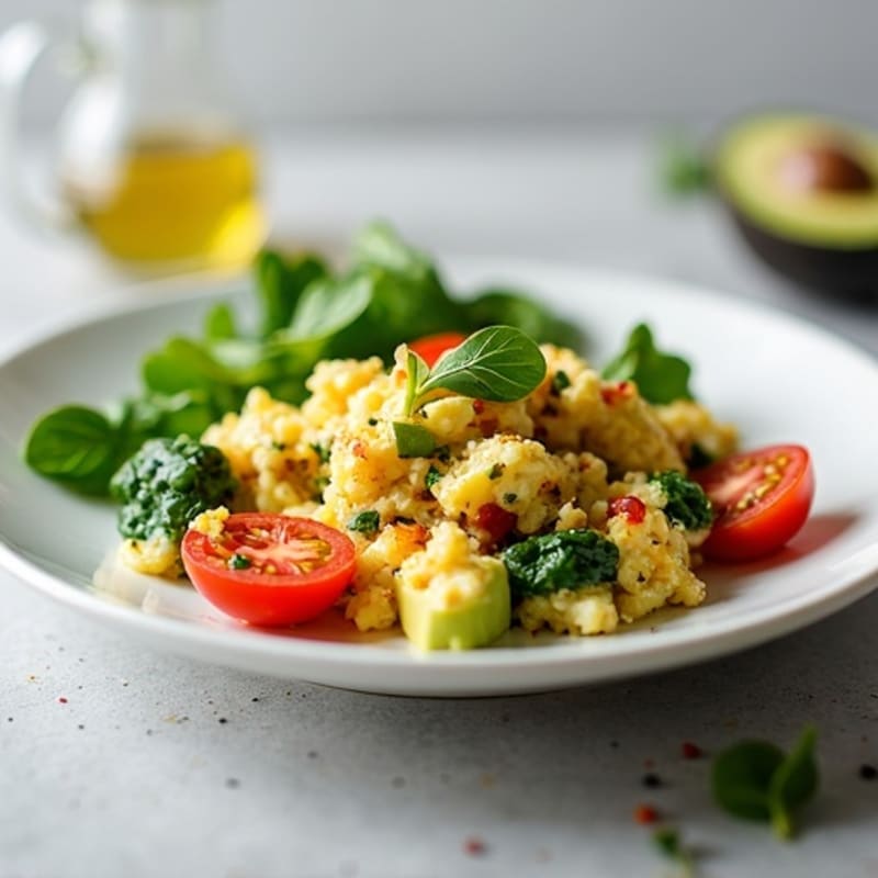 Cottage Cheese Egg White Scramble with Spinach and Cherry Tomatoes