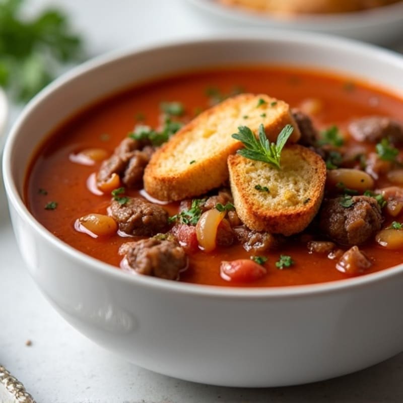 Hearty Beef and Caramelized Onion Soup with Crispy Whole Grain Croutons