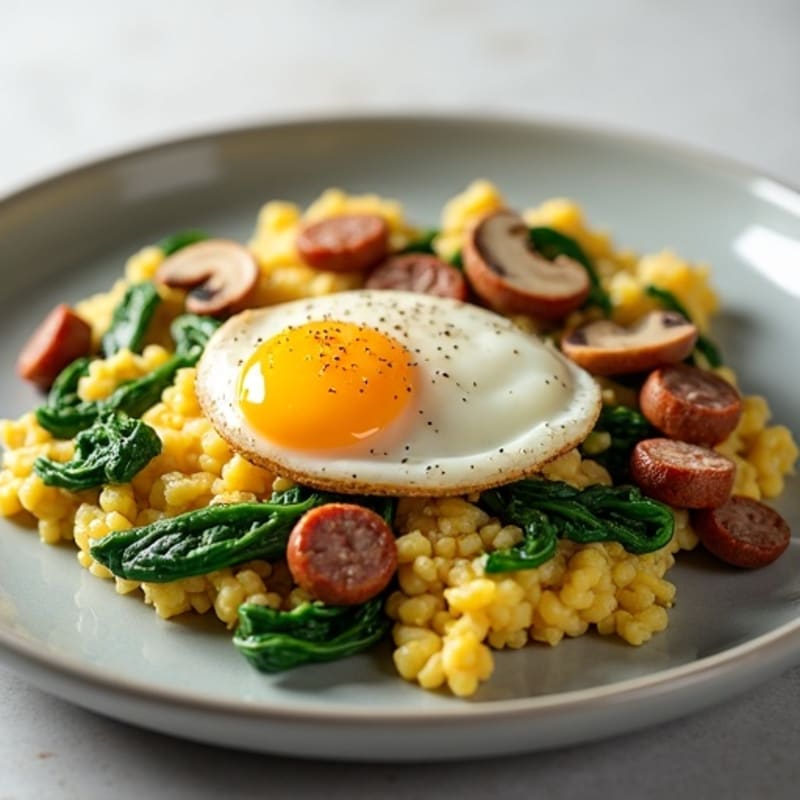 Egg White and Turkey Sausage Scramble with Spinach and Mushrooms