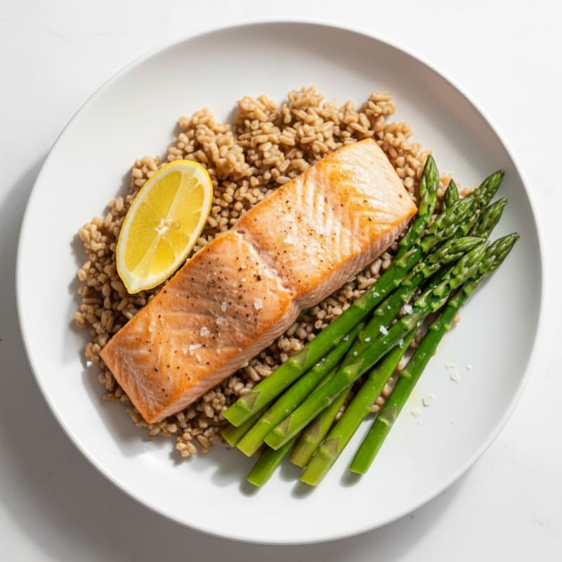 Seared Salmon with Steamed Asparagus and Brown Rice