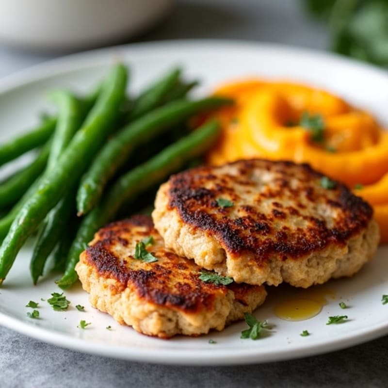 Seared Turkey Patties with Steamed Green Beans and Sweet Potato Mash