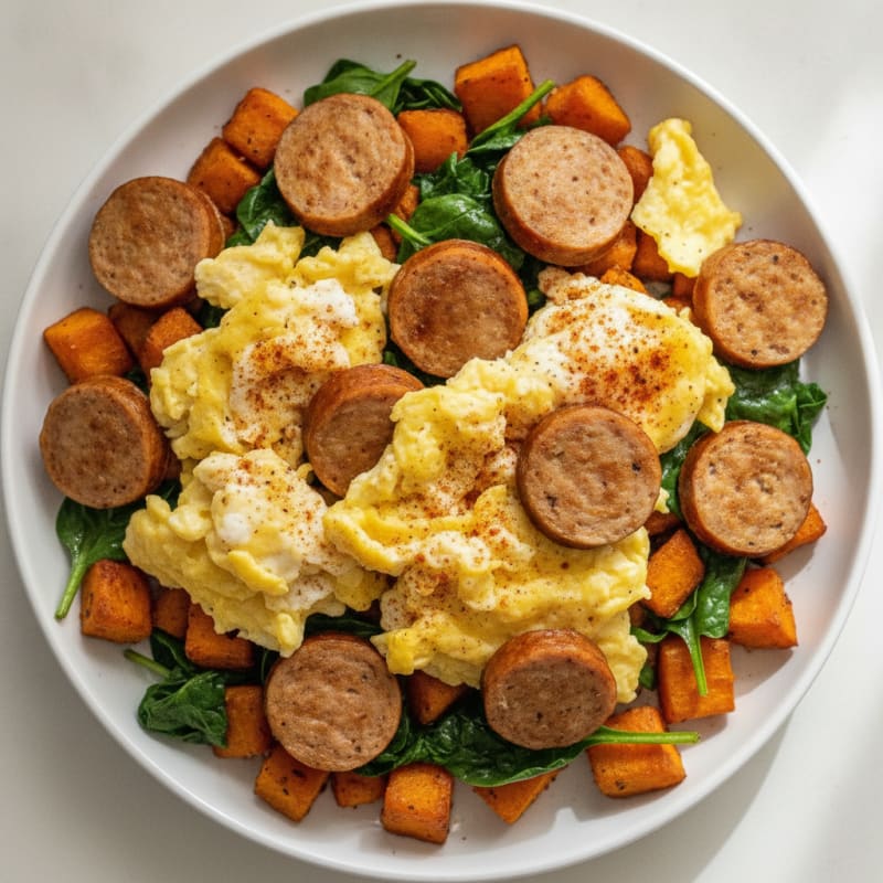 Scrambled Eggs with Chicken Sausage and Roasted Sweet Potatoes