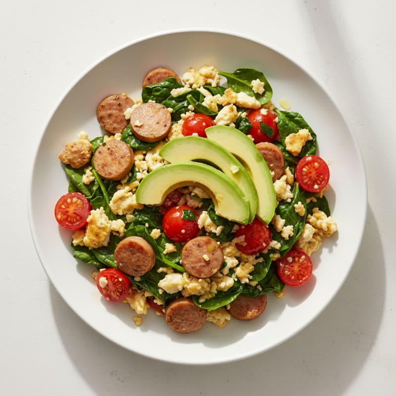 Egg White and Turkey Sausage Scramble with Spinach and Cherry Tomatoes
