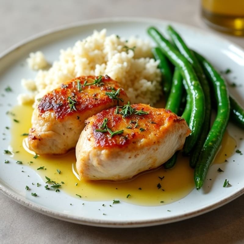 Herb-Roasted Chicken Thighs with Garlic Rice and Steamed Green Beans