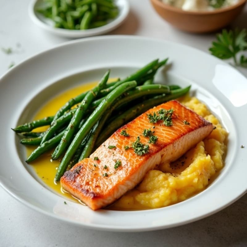 Seared Salmon with Garlic Green Beans and Mashed Sweet Potato