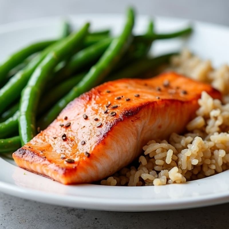 Seared Salmon with Steamed Green Beans and Brown Rice