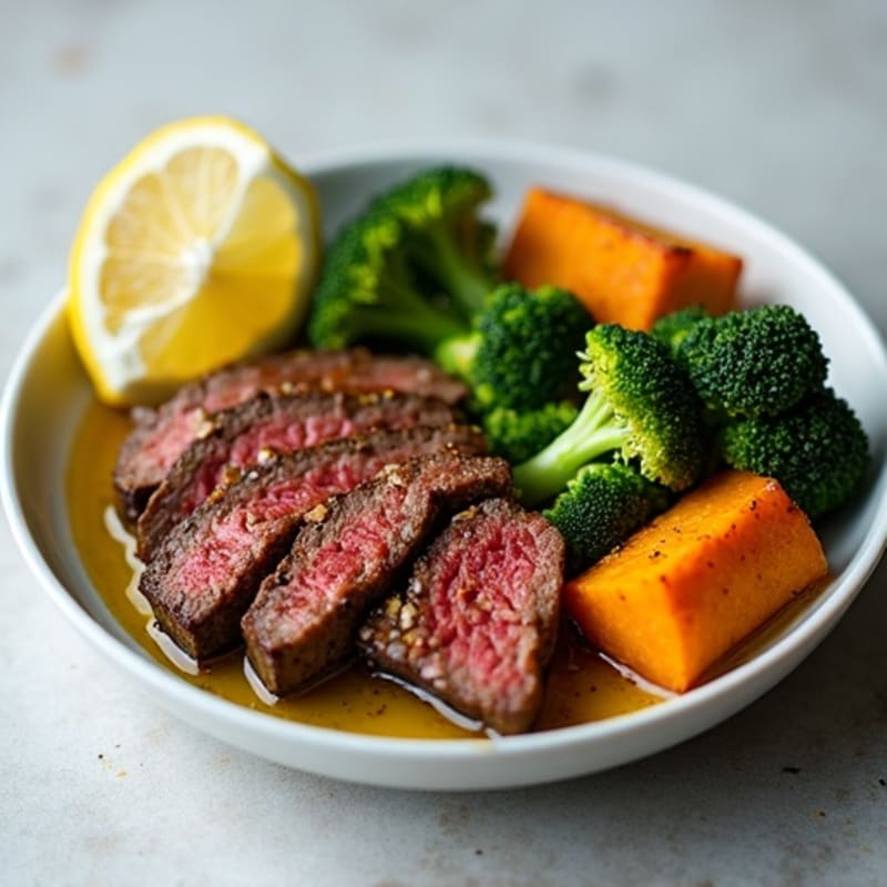 Seared Lean Beef with Roasted Broccoli and Sweet Potato