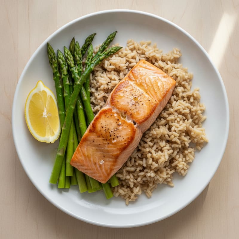 Seared Salmon with Steamed Asparagus and Brown Rice