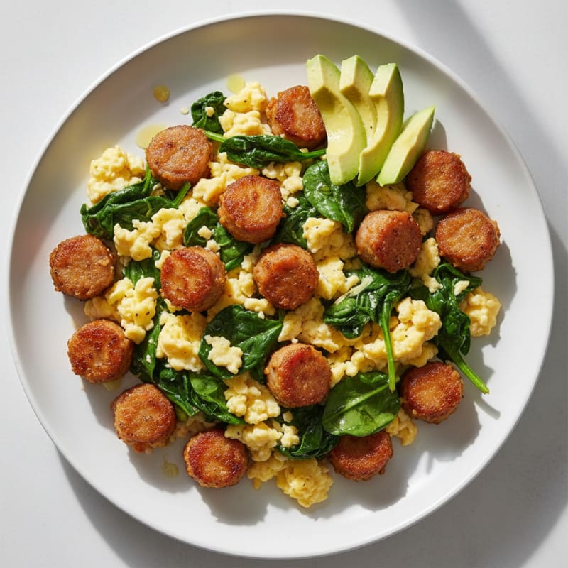 Crispy Turkey Sausage and Spinach Egg Scramble