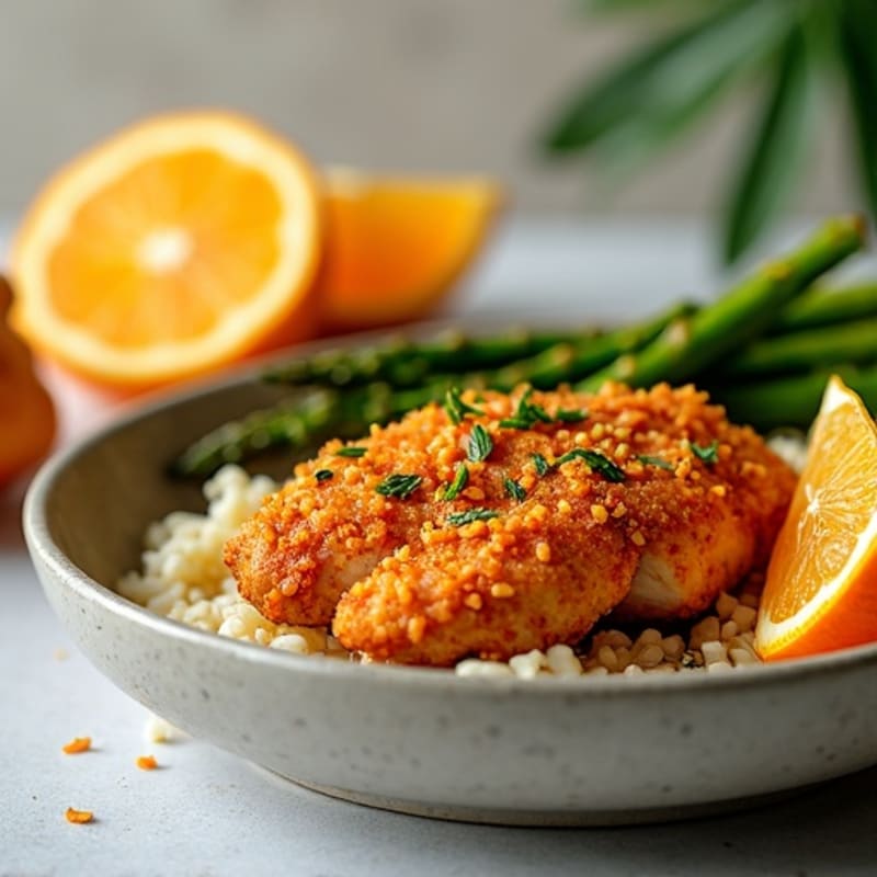 Healthy Crispy Orange Chicken with Roasted Asparagus