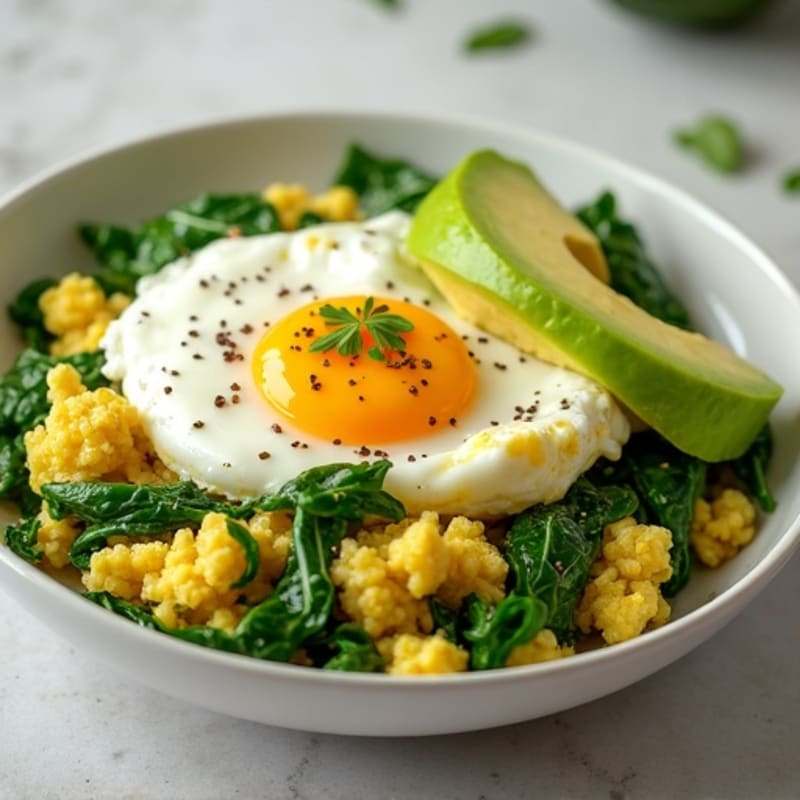 Fluffy Egg and Spinach Scramble with Avocado