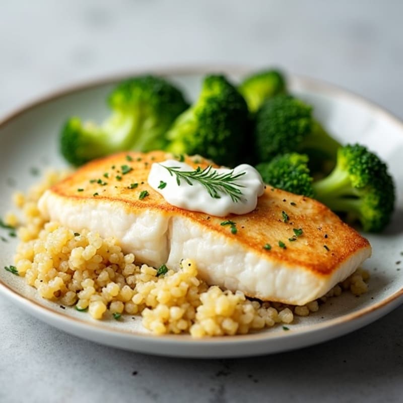 Baked Cod with Steamed Broccoli and Quinoa Pilaf