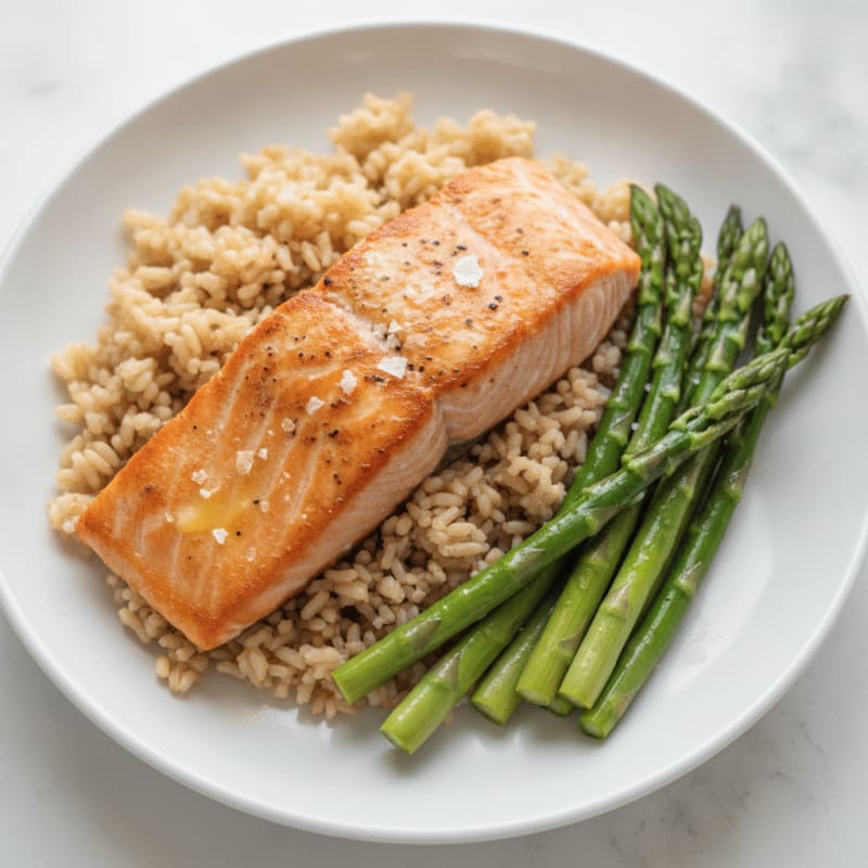 Seared Salmon with Steamed Asparagus and Brown Rice