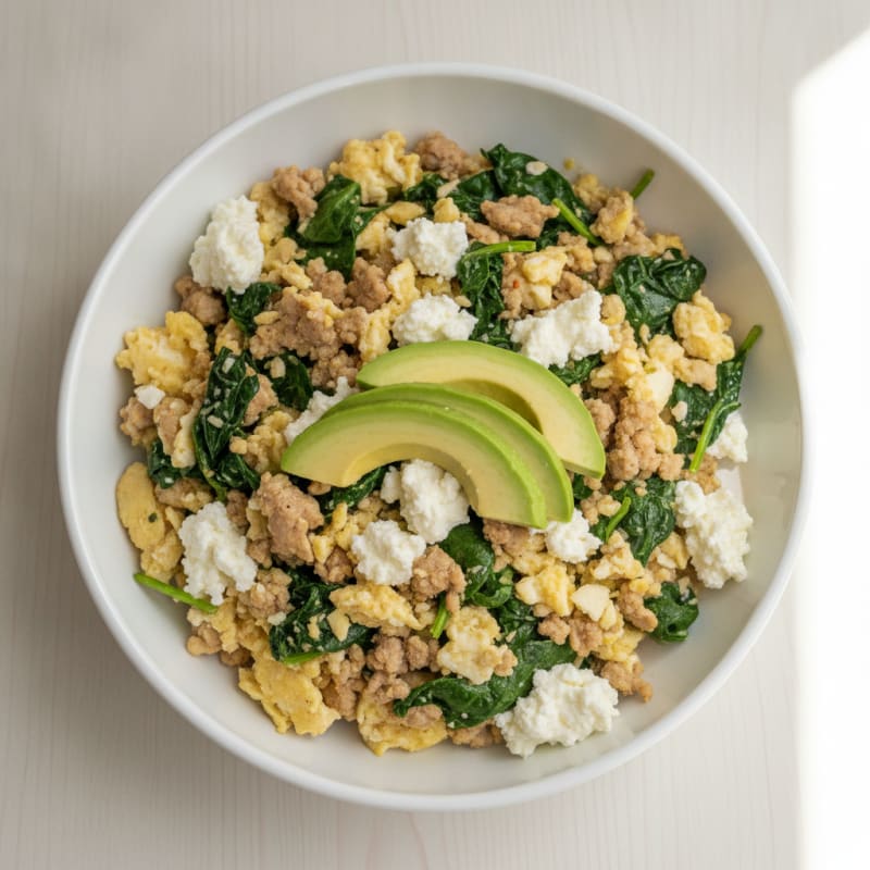 Egg White and Turkey Spinach Scramble with Cottage Cheese
