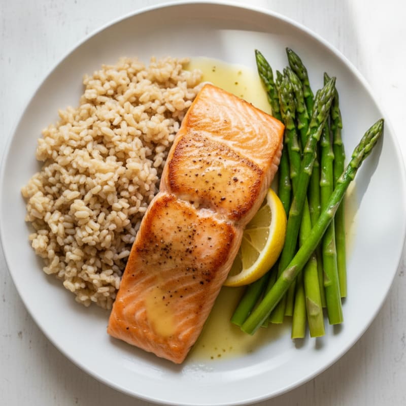 Seared Salmon Fillet with Steamed Asparagus and Brown Rice
