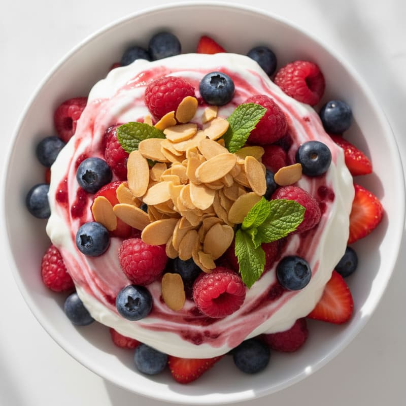Greek Yogurt Protein Parfait with Mixed Berries and Almonds