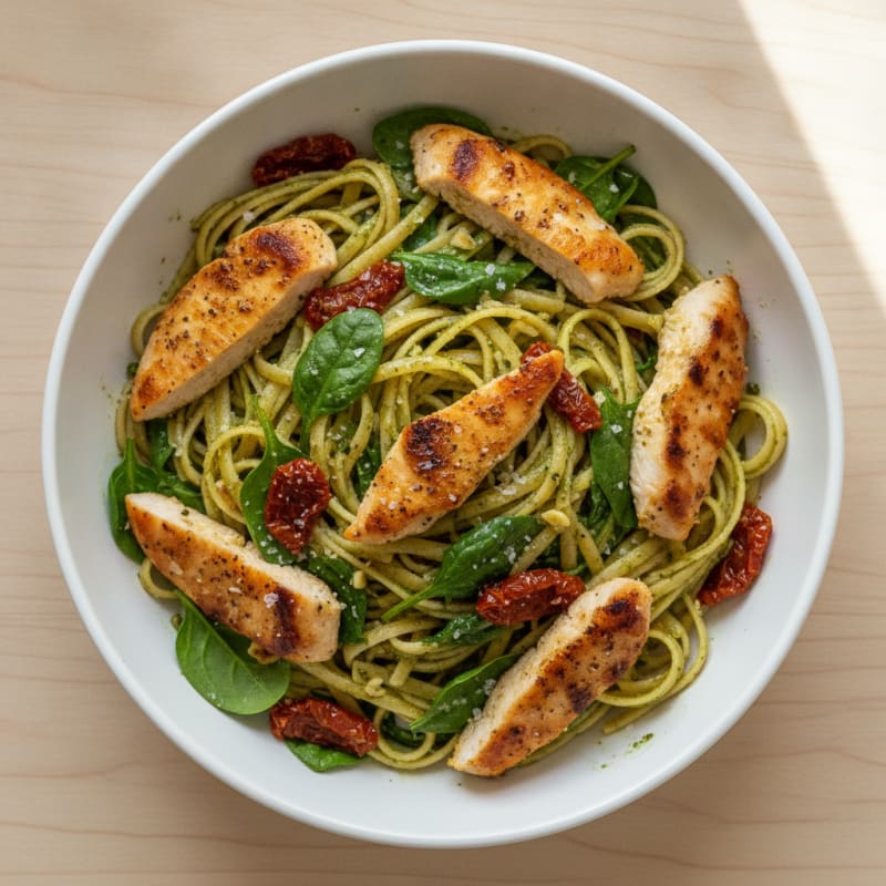Pesto Chicken Linguine with Sun-Dried Tomatoes