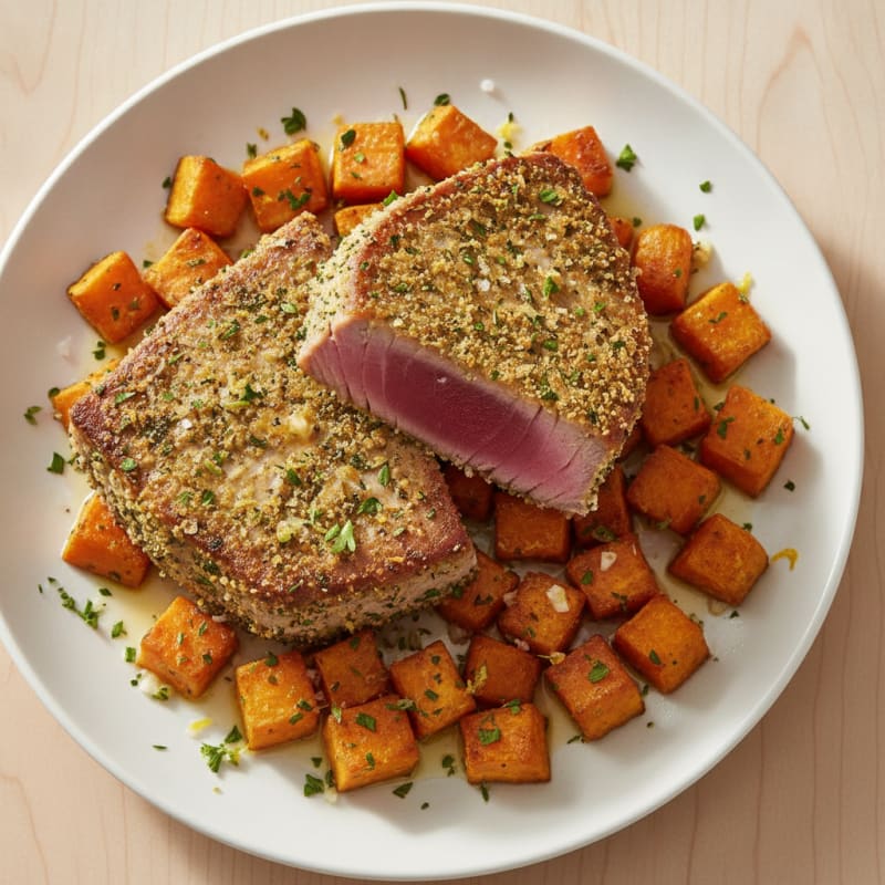 Herb-Crusted Tuna with Roasted Sweet Potatoes