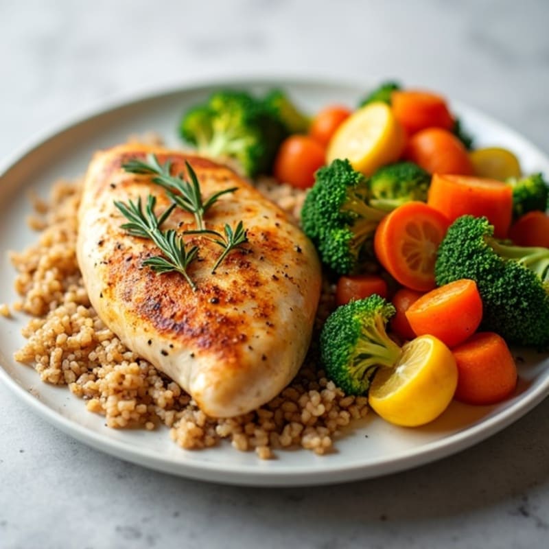 Roasted Lemon Herb Chicken with Fluffy Brown Rice and Roasted Vegetables
