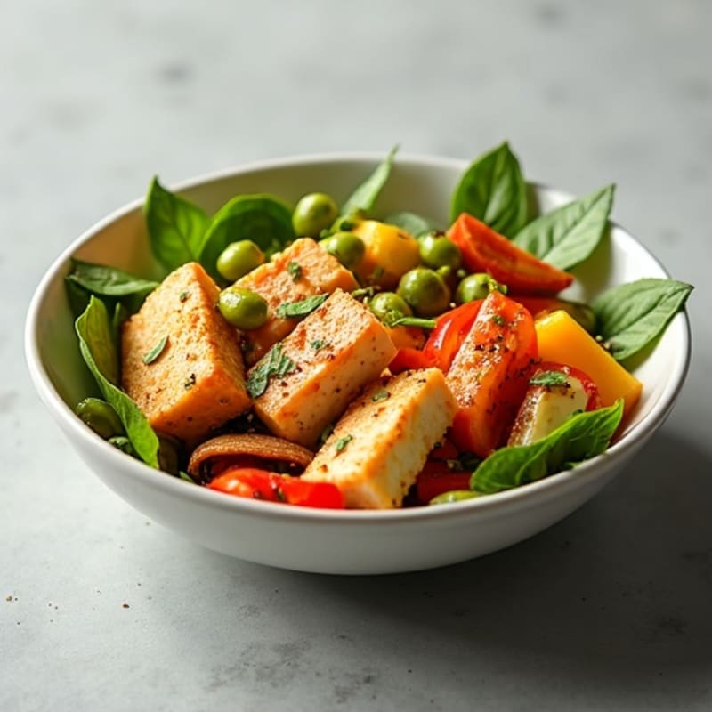 Crispy Tofu and Edamame Power Bowl with Roasted Vegetables