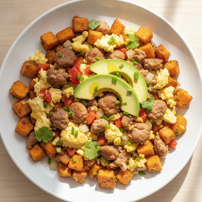 Egg White and Turkey Sausage Scramble with Crispy Sweet Potatoes