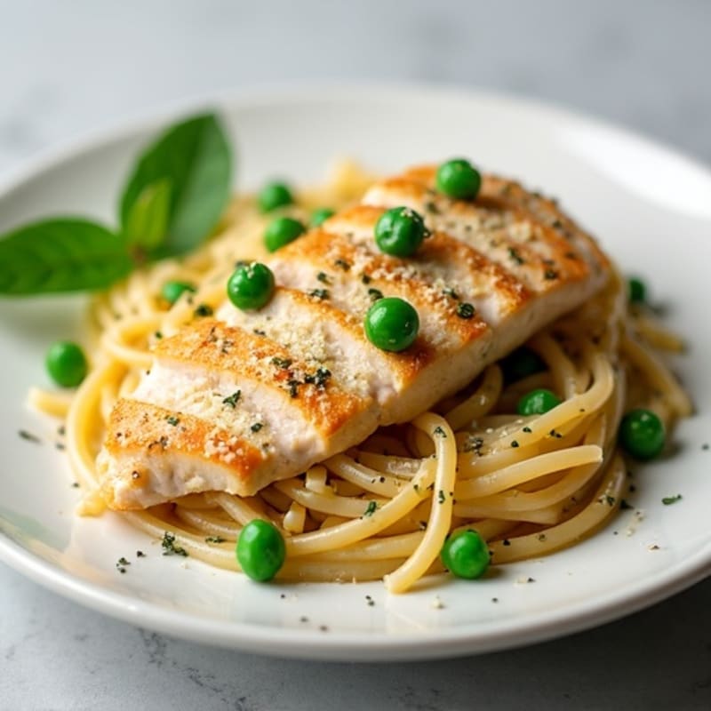Creamy Chicken Carbonara with Whole Wheat Spaghetti and Peas