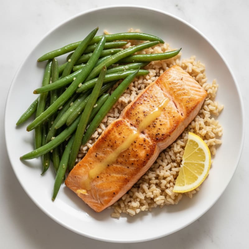 Seared Salmon Fillet with Garlic Green Beans and Brown Rice