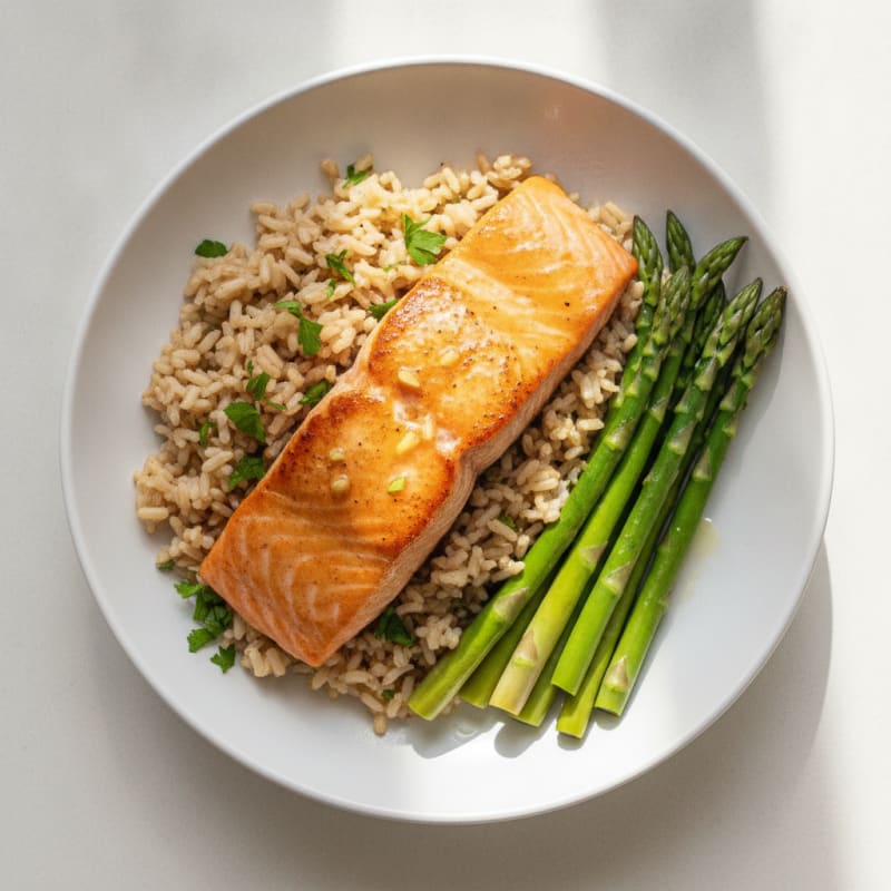 Seared Salmon with Steamed Asparagus and Herbed Brown Rice