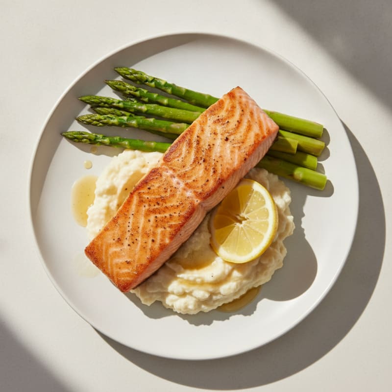 Seared Salmon with Steamed Asparagus and Mashed Cauliflower