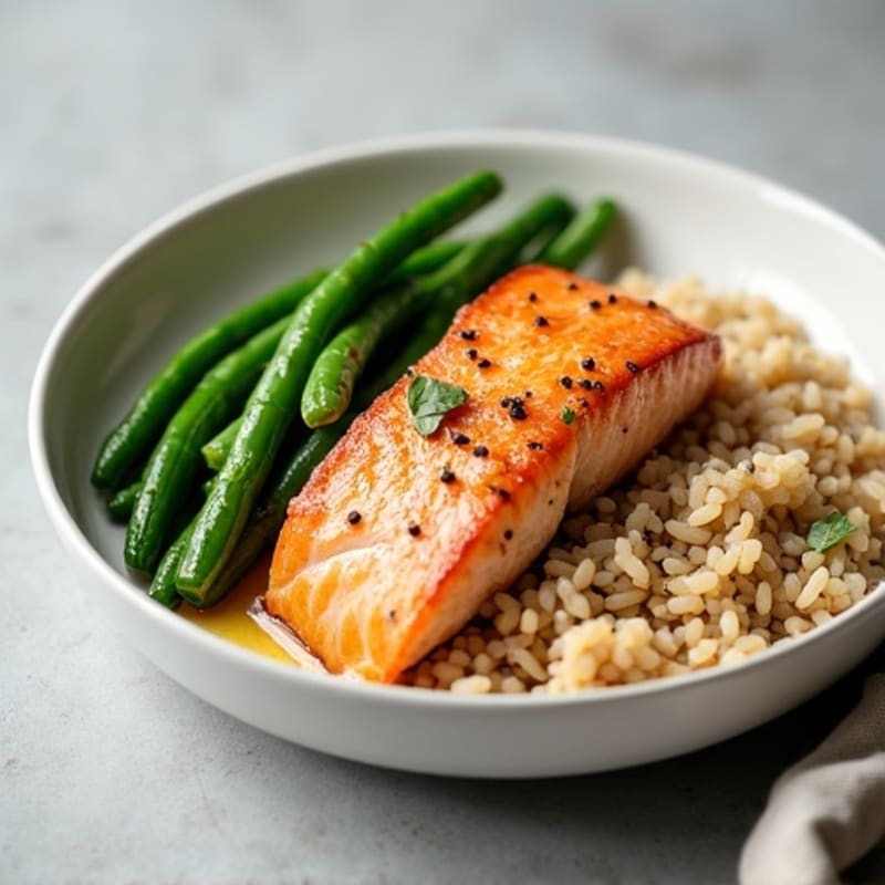 Seared Salmon Fillet with Garlic Green Beans and Brown Rice