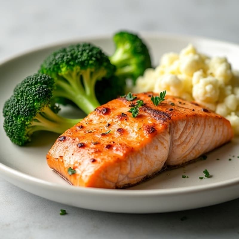 Seared Salmon with Steamed Broccoli and Garlic Mashed Cauliflower