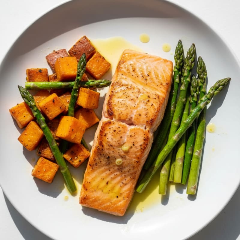 Seared Salmon Fillet with Roasted Sweet Potato and Asparagus