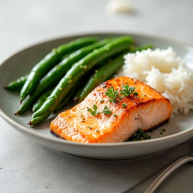 Pan-Seared Salmon with Roasted Garlic Green Beans and Steamed Rice
