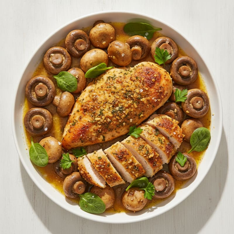 Garlic Butter Roasted Mushrooms and Herb-Crusted Chicken
