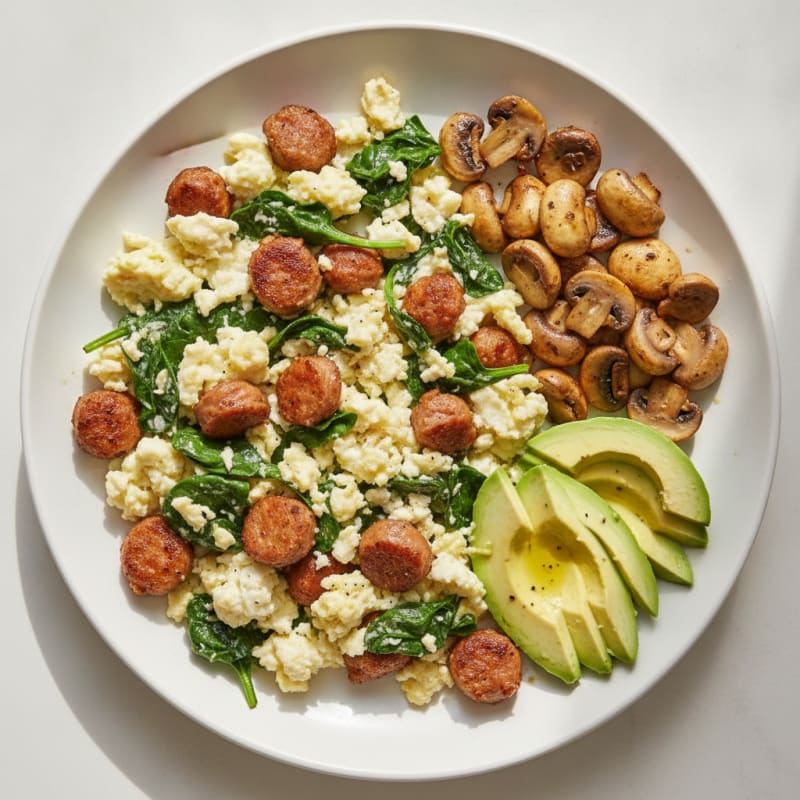 Egg White Spinach Scramble with Turkey Sausage and Sautéed Mushrooms