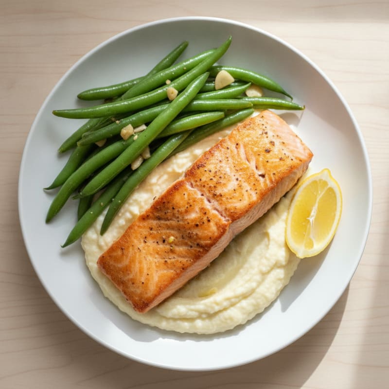 Seared Salmon with Creamy Cauliflower Mash and Steamed Green Beans