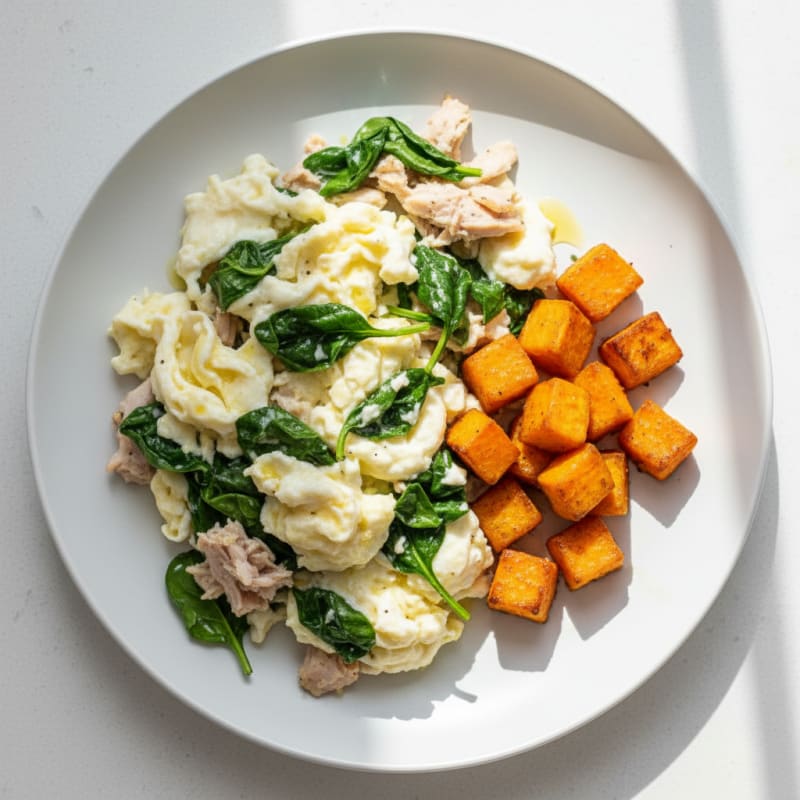 Egg White and Spinach Scramble with Smoked Turkey and Roasted Sweet Potato