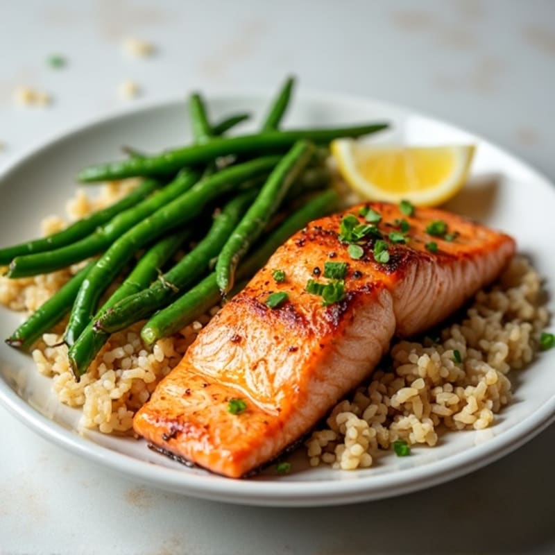Seared Salmon with Garlic Green Beans and Brown Rice