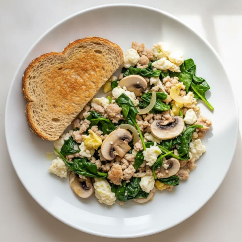 Egg White and Turkey Spinach Scramble with Sautéed Mushrooms
