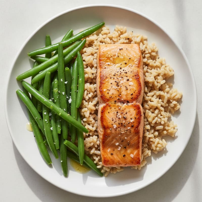 Seared Salmon Fillet with Steamed Green Beans and Brown Rice