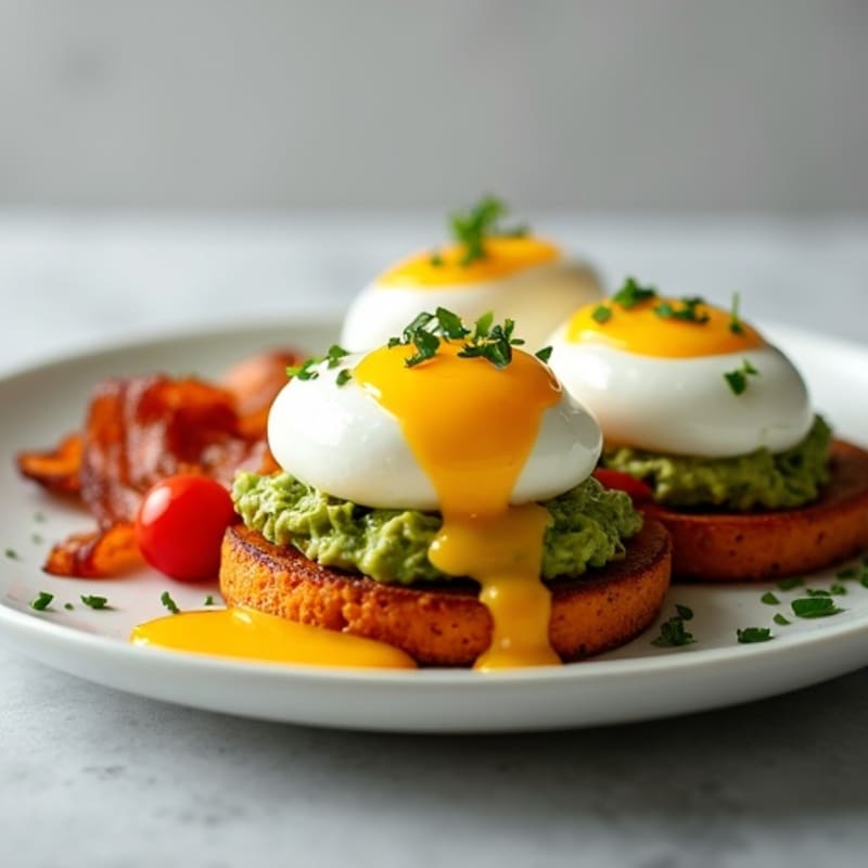 Poached Eggs with Crispy Turkey Bacon and Creamy Avocado on Roasted Sweet Potato Rounds