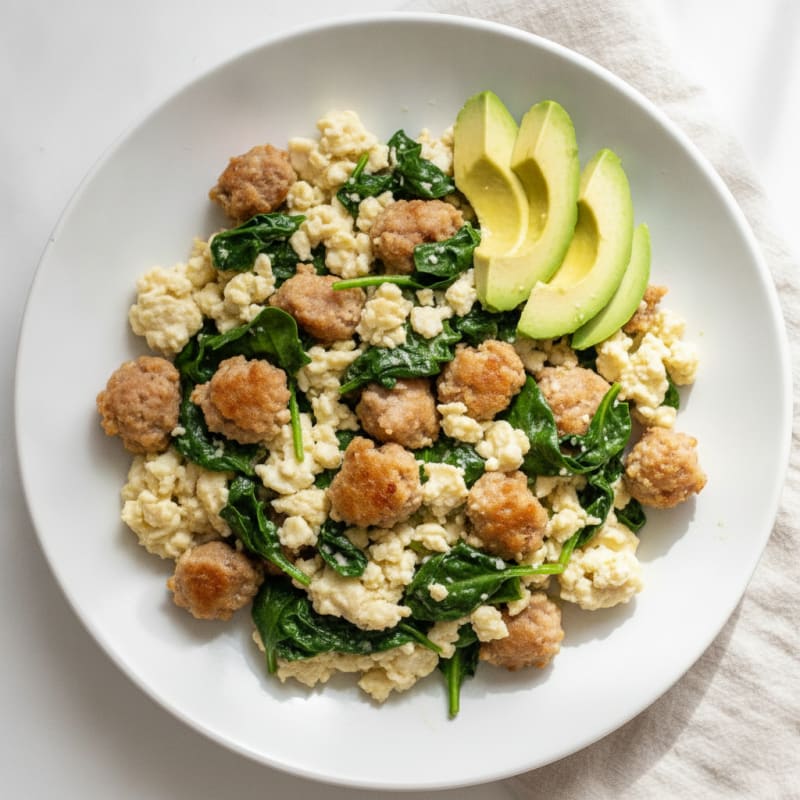 Egg White and Chicken Sausage Scramble with Spinach and Avocado
