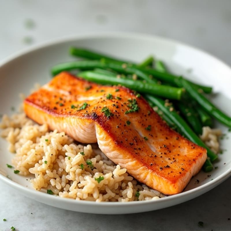 Seared Salmon with Garlic Green Beans and Brown Rice