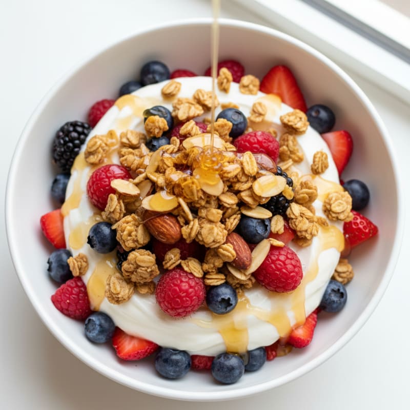 Greek Yogurt Parfait with Crunchy Almond Granola and Mixed Berries