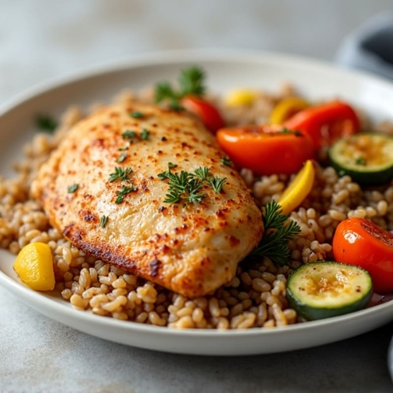 Roasted Chicken with Fluffy Brown Rice and Roasted Vegetables
