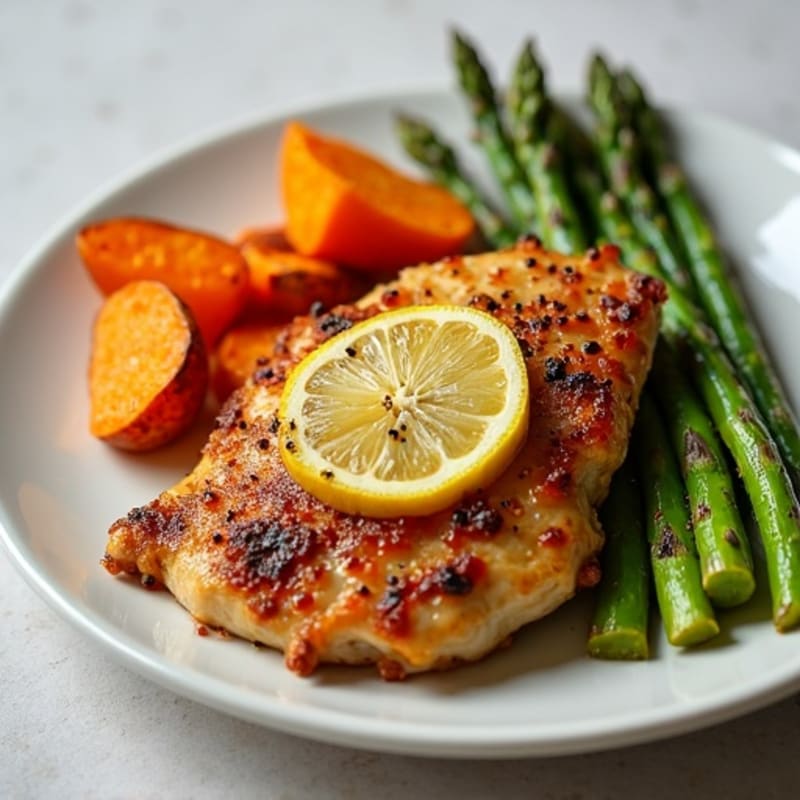 Crispy Lemon Garlic Roasted Chicken with Roasted Asparagus and Sweet Potatoes