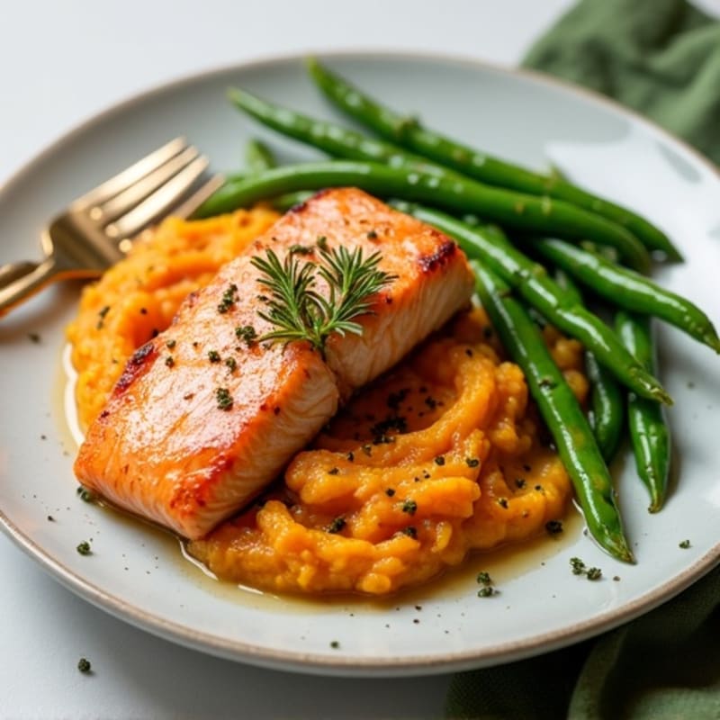 Seared Salmon with Garlic Green Beans and Sweet Potato Mash