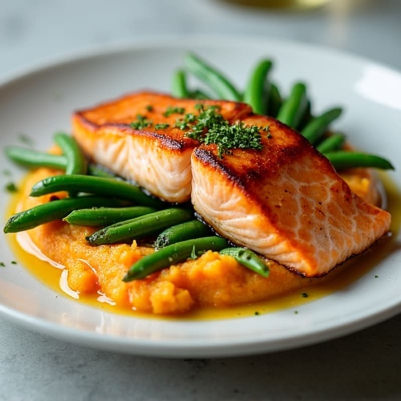 Seared Salmon with Garlic Green Beans and Sweet Potato Mash