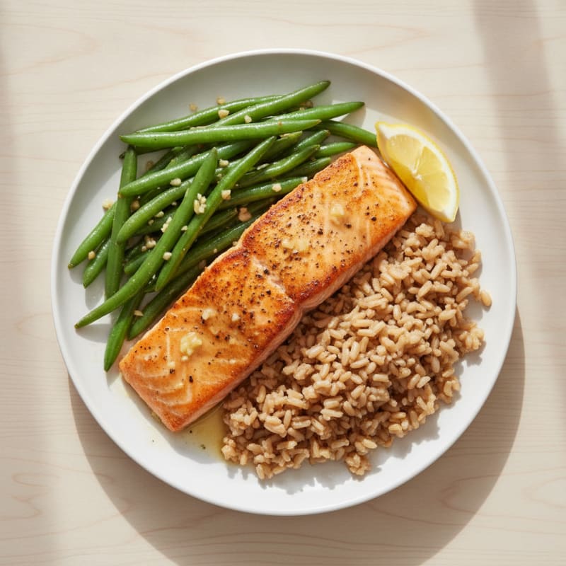 Seared Salmon with Garlic Green Beans and Brown Rice