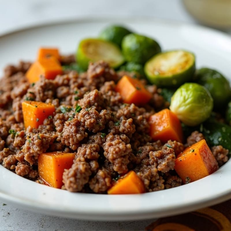 Ground Beef and Sweet Potato Hash with Crispy Brussels Sprouts